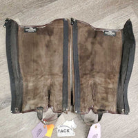 JUNIORS Suede Half Chaps *gc/fair, rubs, older, faded, dirty, rubs, torn edge, unstitched