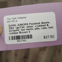 JUNIORS Paddock Boots, Zips *gc/fair, clean, v.rubbed & scraped, toe dents, pills, rubs, hair, residue
