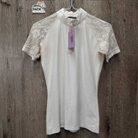 SS Show Shirt, Lace Shoulders, 1/4 Zip up *gc/fair, dingy, snags, runs, rubs, older, pits: stains & broken elastics, crinkled collar