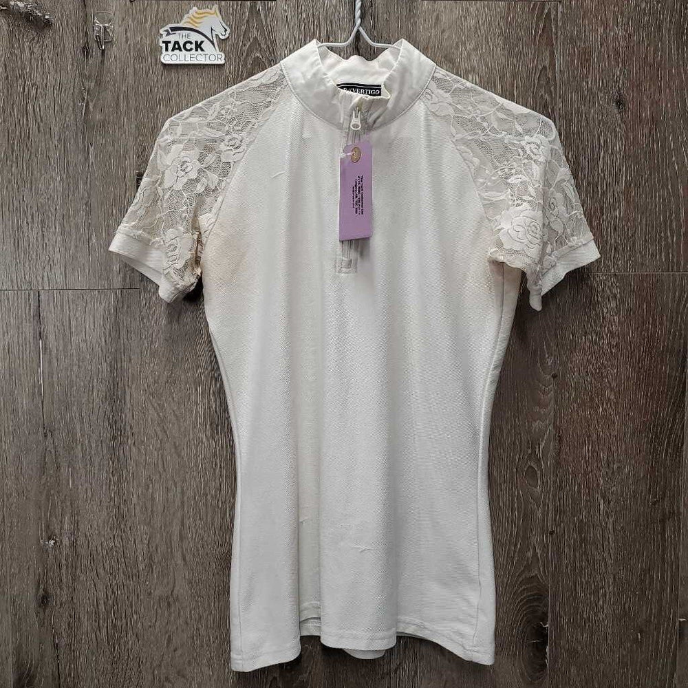 SS Show Shirt, Lace Shoulders, 1/4 Zip up *gc/fair, dingy, snags, runs, rubs, older, pits: stains & broken elastics, crinkled collar
