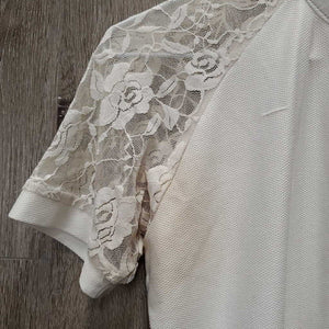 SS Show Shirt, Lace Shoulders, 1/4 Zip up *gc/fair, dingy, snags, runs, rubs, older, pits: stains & broken elastics, crinkled collar
