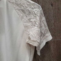 SS Show Shirt, Lace Shoulders, 1/4 Zip up *gc/fair, dingy, snags, runs, rubs, older, pits: stains & broken elastics, crinkled collar