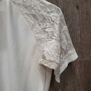 SS Show Shirt, Lace Shoulders, 1/4 Zip up *gc/fair, dingy, snags, runs, rubs, older, pits: stains & broken elastics, crinkled collar