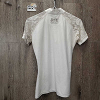 SS Show Shirt, Lace Shoulders, 1/4 Zip up *gc/fair, dingy, snags, runs, rubs, older, pits: stains & broken elastics, crinkled collar
