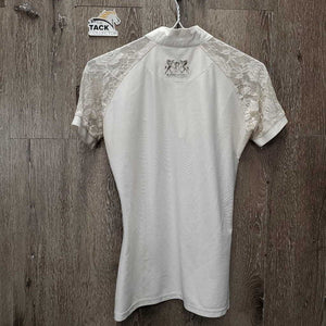 SS Show Shirt, Lace Shoulders, 1/4 Zip up *gc/fair, dingy, snags, runs, rubs, older, pits: stains & broken elastics, crinkled collar