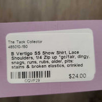 SS Show Shirt, Lace Shoulders, 1/4 Zip up *gc/fair, dingy, snags, runs, rubs, older, pits: stains & broken elastics, crinkled collar
