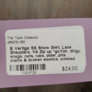 SS Show Shirt, Lace Shoulders, 1/4 Zip up *gc/fair, dingy, snags, runs, rubs, older, pits: stains & broken elastics, crinkled collar