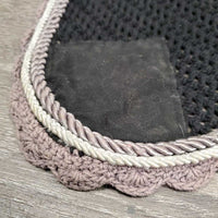 Crochet Ear Bonnet Fly Veil, x2 piping *gc/fair, faded, v.curled edges, hairy, discolored inside