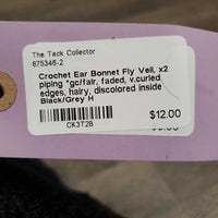 Crochet Ear Bonnet Fly Veil, x2 piping *gc/fair, faded, v.curled edges, hairy, discolored inside
