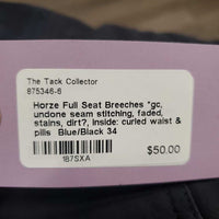 Full Seat Breeches *gc, undone seam stitching, faded, stains, dirt?, inside: curled waist & pills
