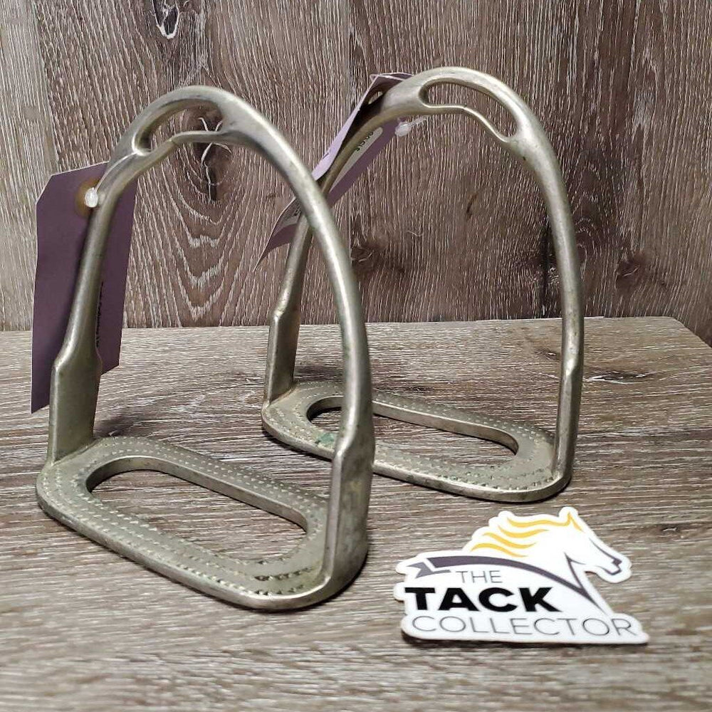 Vintage Angled Stirrup Irons *gc, No Grips, older, gunk, stains, oxidized *CRACKS