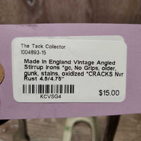 Vintage Angled Stirrup Irons *gc, No Grips, older, gunk, stains, oxidized *CRACKS