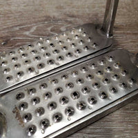 Fine Hvy Stirrup Irons, cheese grater grips *vgc, clean & mnr dirt/residue, scratches, loose/clangy grips

