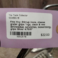 Fine Hvy Stirrup Irons, cheese grater grips *vgc, clean & mnr dirt/residue, scratches, loose/clangy grips
