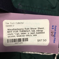 Rain Show Sheet, NOT FOR TURNOUT, tail, stirrup slots *vgc, older, v. wpf, bubbled seams, undone stitch, mnr dirt/stains
