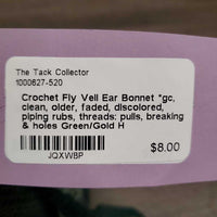 Crochet Fly Veil Ear Bonnet *gc, clean, older, faded, discolored, piping rubs, threads: pulls, breaking & holes
