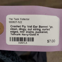 Crochet Fly Veil Ear Bonnet *gc, clean, dingy, cut string, curled edges, mnr stains, puckered, ?shrunk
