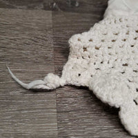 Crochet Fly Veil Ear Bonnet *gc, clean, dingy, cut string, curled edges, mnr stains, puckered, ?shrunk
