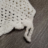 Crochet Fly Veil Ear Bonnet *gc, clean, dingy, cut string, curled edges, mnr stains, puckered, ?shrunk