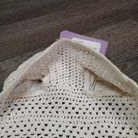 Crochet Fly Veil Ear Bonnet *gc, clean, dingy, cut string, curled edges, mnr stains, puckered, ?shrunk

