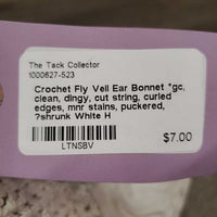 Crochet Fly Veil Ear Bonnet *gc, clean, dingy, cut string, curled edges, mnr stains, puckered, ?shrunk
