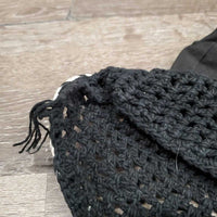 Crochet Fly Veil Ear Bonnet *gc, clean, cut string, stains, v.curled edges, puckered, ?shrunk, rubs, pills, hairy
