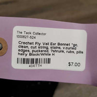 Crochet Fly Veil Ear Bonnet *gc, clean, cut string, stains, v.curled edges, puckered, ?shrunk, rubs, pills, hairy