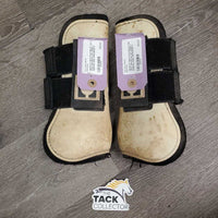 Pr Open Front Boots *fair, filthy, discolored, torn edges, 1 squished, older
