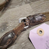 Pr Cotton Web Reins, buckles *gc/fair, rubs, twist, clean & dirty, scrapes, snags, stiff, dry, thin?chewed edge