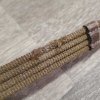 Pr Cotton Web Reins, buckles *gc/fair, rubs, twist, clean & dirty, scrapes, snags, stiff, dry, thin?chewed edge
