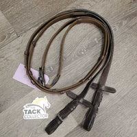 Pr Cotton Web Reins, buckles *gc/fair, rubs, twist, clean & dirty, scrapes, snags, stiff, dry, thin?chewed edge

