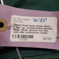 Closed Front Nylon Stable Sheet, 2 legs *gc, frayed/undone shoulder lining, shrunk, puckers, mnr hair, rubs, pills, cracked/torn leather
