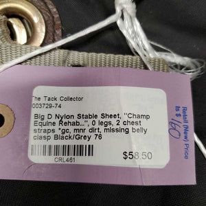 Nylon Stable Sheet, "Champ Equine Rehab...", 0 legs, 2 chest straps *gc, mnr dirt, missing belly clasp