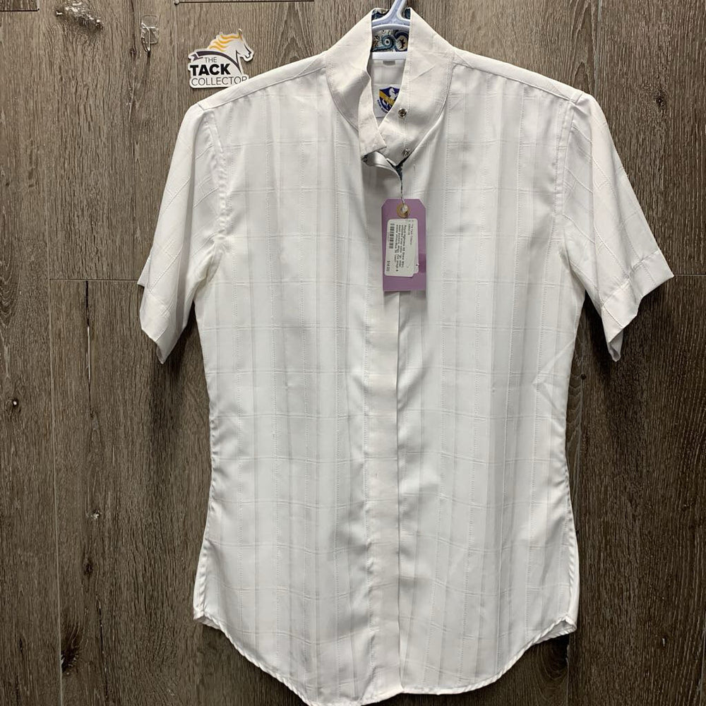 SS Show Shirt, attached snap collar *gc, older, seam puckers, dingy, mnr snags & stains