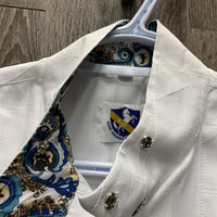 SS Show Shirt, attached snap collar *gc, older, seam puckers, dingy, mnr snags & stains
