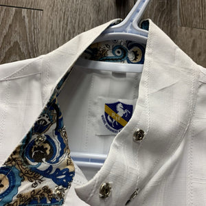 SS Show Shirt, attached snap collar *gc, older, seam puckers, dingy, mnr snags & stains