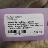 Elastic Breastplate, Snaps, Running Martingale attach *vgc, clean, stained elastic, rubs, creases, xholes, oxidized buckles
