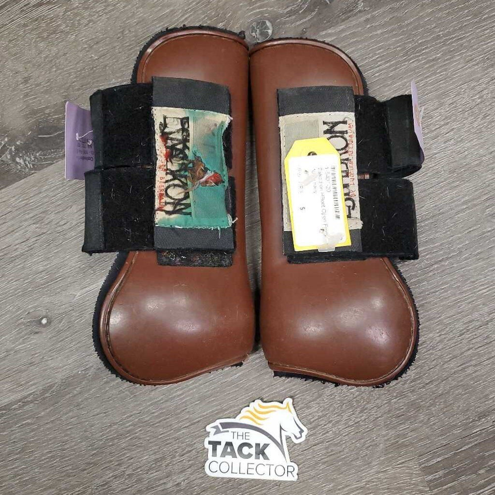 Pr Open Front Boots *fair, clean, dirty lining, pilly edges, scrapes, Koppertox stains, older, 1 Squished