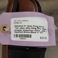 Pr Open Front Boots *fair, clean, dirty lining, pilly edges, scrapes, Koppertox stains, older, 1 Squished