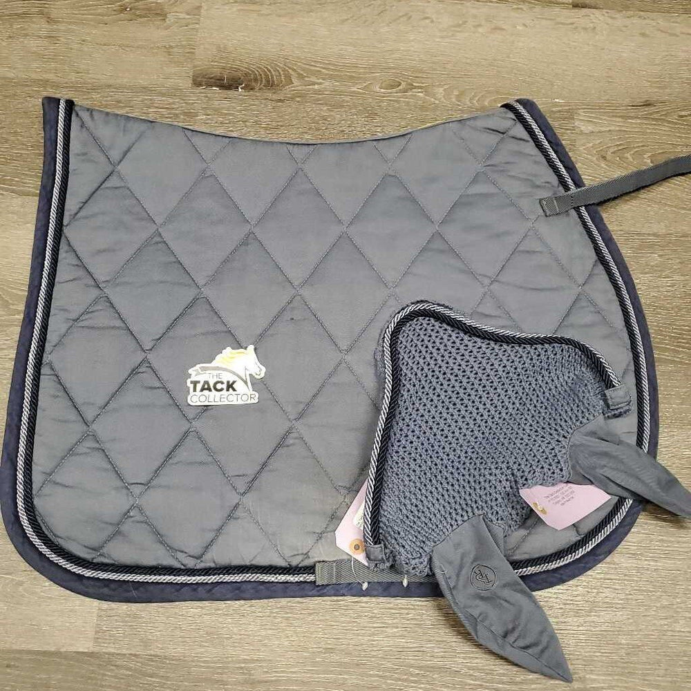 Quilt Jumper Saddle Pad, Crochet Matching Bonnet, 2x piping *vgc, pilly, mnr hair, stains, rubs, faded, threads, puckers