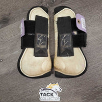 Pr Open Front Boots, velcro *fair, dirt, stained, marker, rubs, scrapes, older, yellowed
