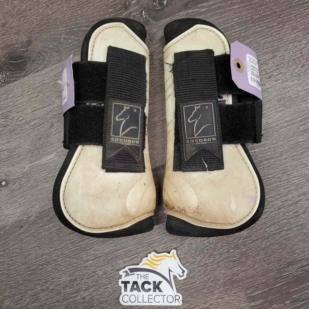 Pr Open Front Boots, velcro *fair, dirt, stained, marker, rubs, scrapes, older, yellowed