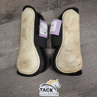 Pr Open Front Boots, velcro *fair, dirt, stained, marker, rubs, scrapes, older, yellowed
