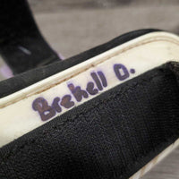 Pr Open Front Boots, velcro *fair, dirt, stained, marker, rubs, scrapes, older, yellowed
