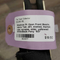 Pr Open Front Boots, velcro *fair, dirt, stained, marker, rubs, scrapes, older, yellowed