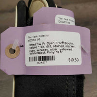 Pr Open Front Boots, velcro *fair, dirt, stained, marker, rubs, scrapes, older, yellowed
