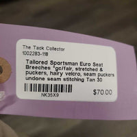 Euro Seat Breeches *gc/fair, stretched & puckers, hairy velcro, seam puckers, undone seam stitching
