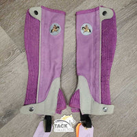 JUNIORS Suede Half Chaps *gc, rubs, older, dirt, edge rubs & pills, stains, stuck hay
