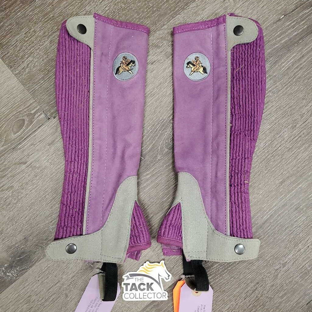 JUNIORS Suede Half Chaps *gc, rubs, older, dirt, edge rubs & pills, stains, stuck hay