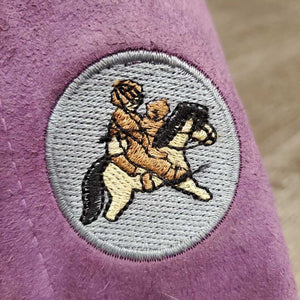 JUNIORS Suede Half Chaps *gc, rubs, older, dirt, edge rubs & pills, stains, stuck hay